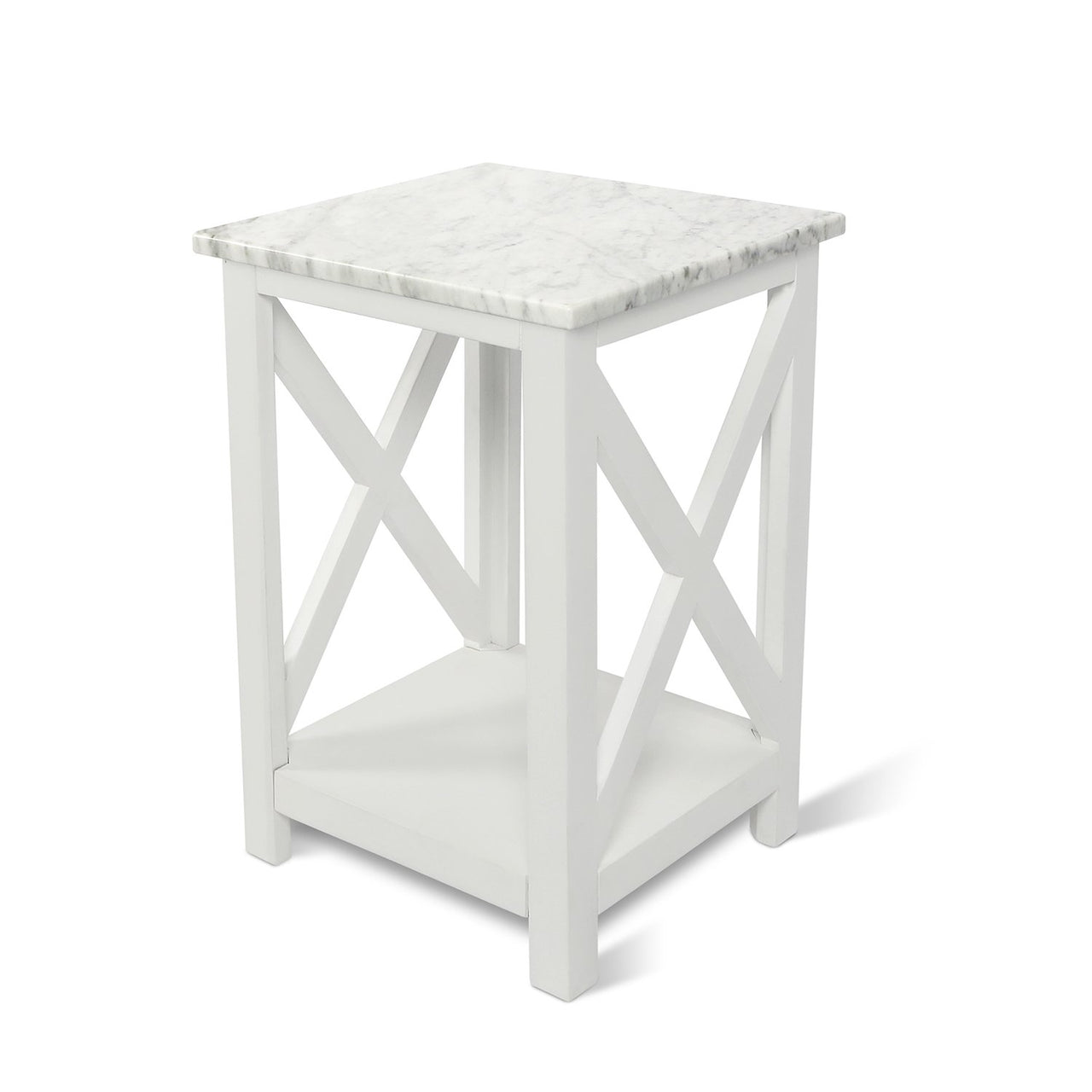 Agatha 15" Square Italian Carrara White Marble Side Table with Color Solid Wood Legs Writing Desk The Bianco Collection 