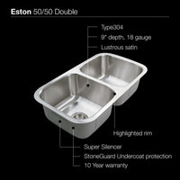 Thumbnail for Houzer Eston Series Undermount Stainless Steel 50/50 Double Bowl Kitchen Sink, 18 Gauge Kitchen Sink - Undermount Houzer 