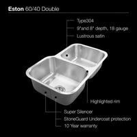 Thumbnail for Houzer Eston Series Undermount Stainless Steel 60/40 Double Bowl Kitchen Sink,18 Gauge Kitchen Sink - Undermount Houzer 