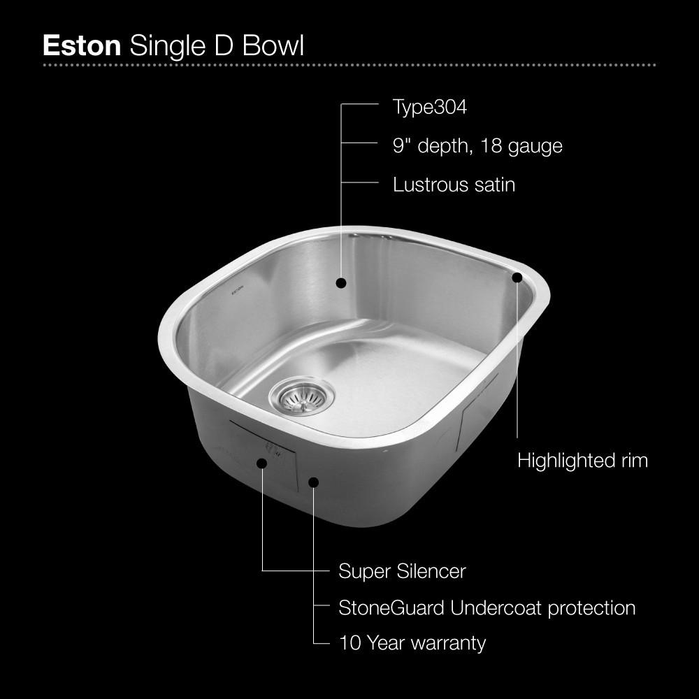 Houzer Eston Series Undermount Stainless Steel Single D Bowl Kitchen Sink, 18 Gauge Bar Sink - Undermount Houzer 