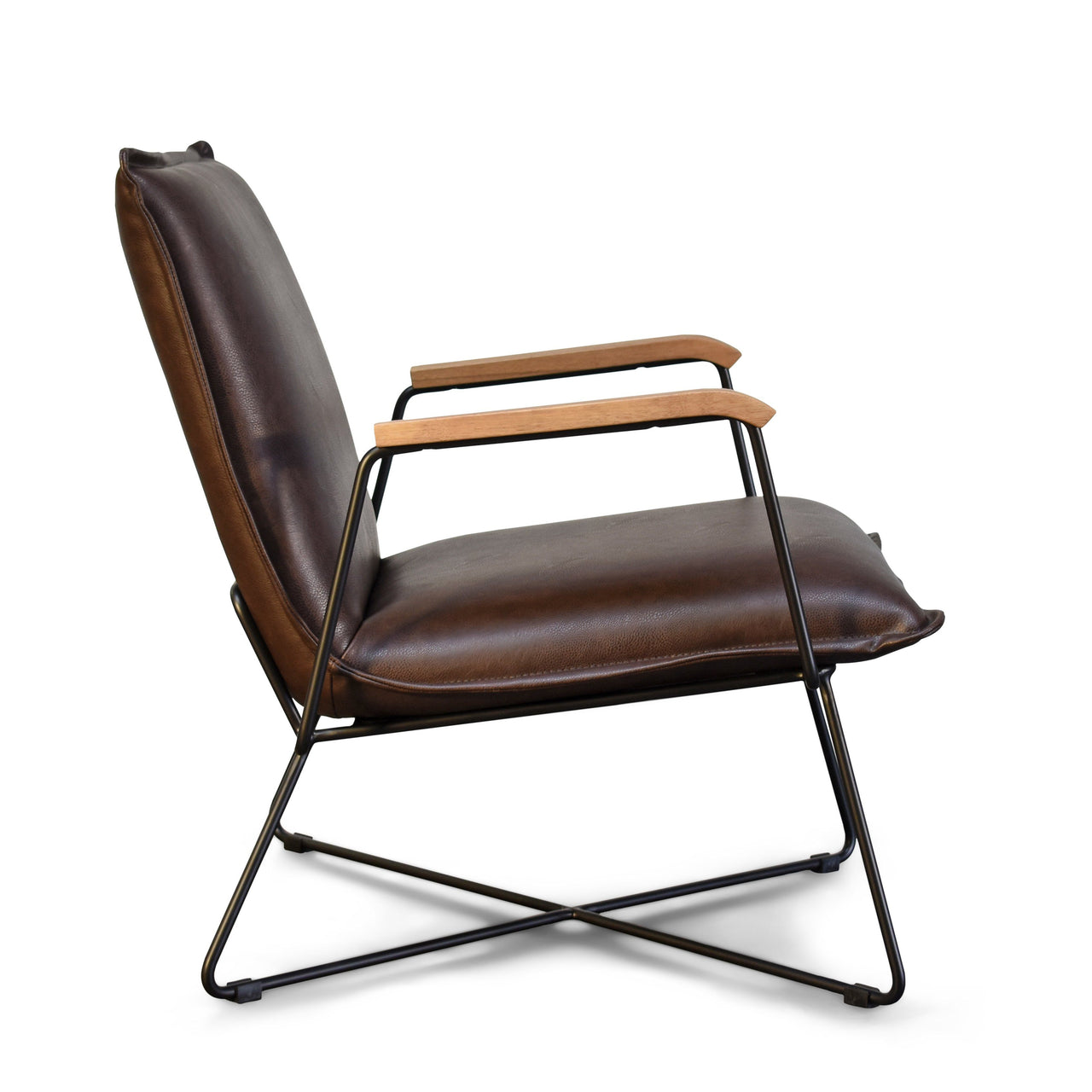 Sydney Brown Modern Lounge Arm Chair with Matte Black Steel Legs (Leather Back & Upholstered Seat ) Dining Chair Gingko 