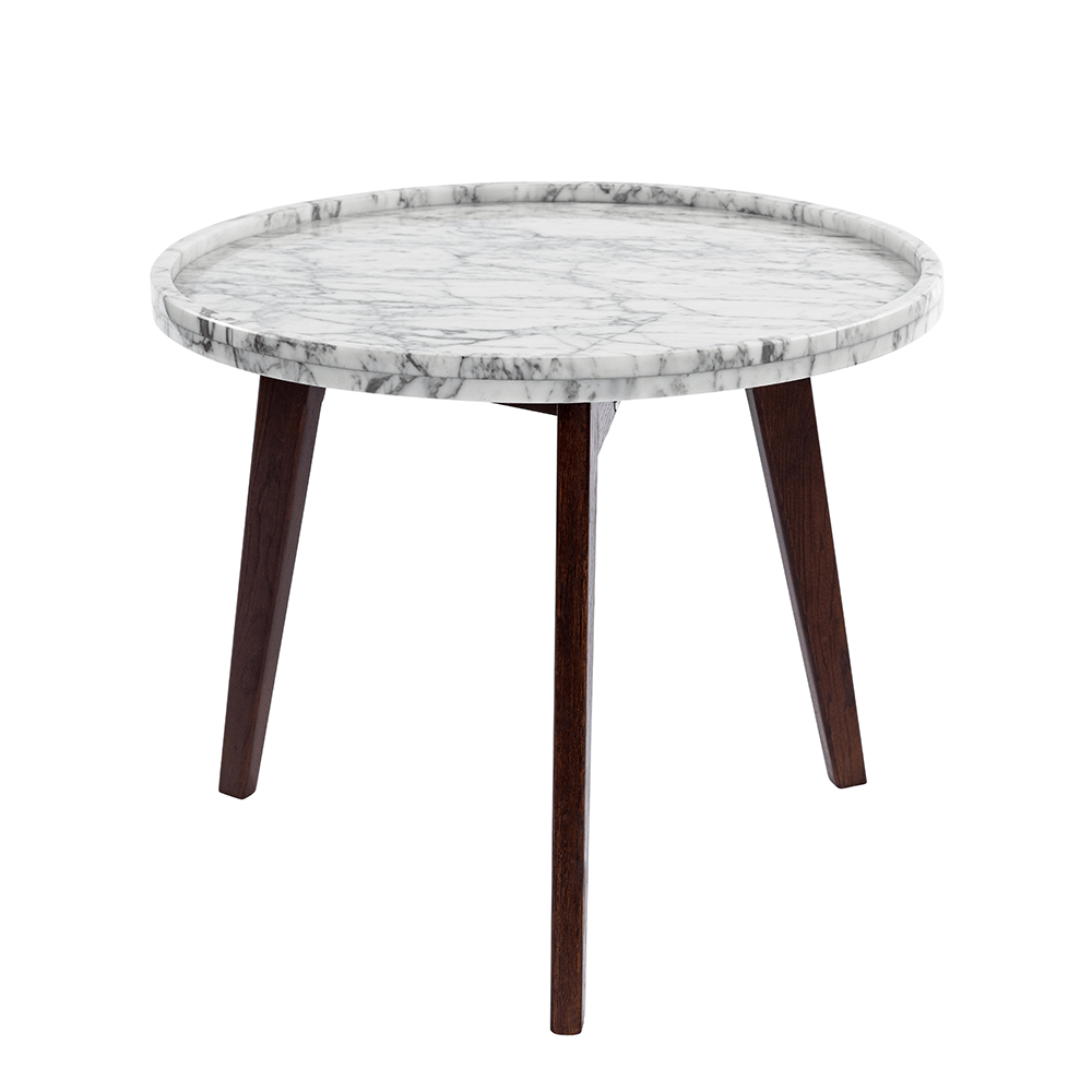 Cassara 19" Round Italian Carrara White Marble Side Table with Walnut Legs End Table The Bianco Collection 