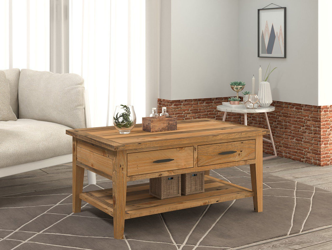 Ashford 40" Reclaimed Wood Coffee Table with Storage Shelf and Two Drawers Coffee Table AndMakers 