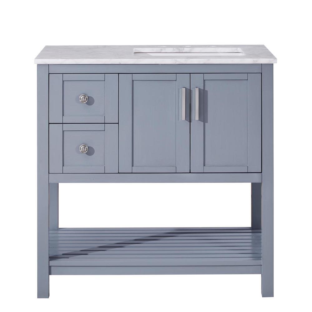 Silkroad 36" Single (Right) Sink Gray Cabinet Vanity Silkroad Exclusive Carrara White Marble Top 
