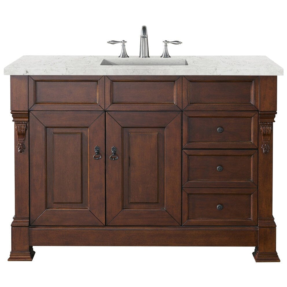 James Martin Brookfield 48" Single Vanity Vanities James Martin Warm Cherry w/ 3 CM Eternal Jasmine Pearl Quartz Top 