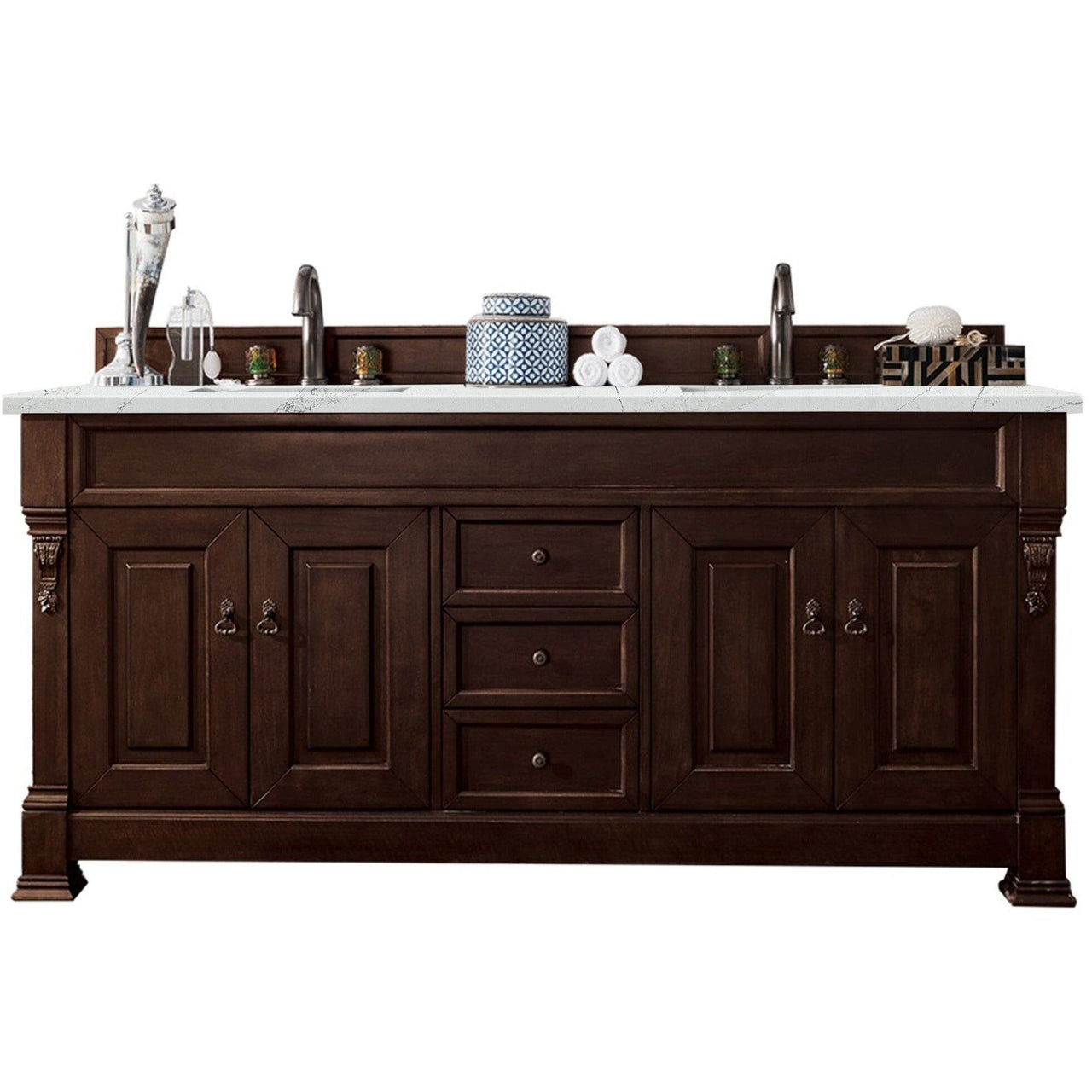 James Martin Brookfield 72" Double Vanity Vanities James Martin Burnished Mahogany w/ 3 CM Ethereal Noctis Quartz Top 