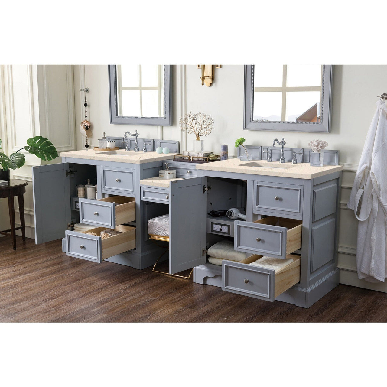 James Martin De Soto 94" Double Vanity Set Vanity James Martin Silver Gray w/ 3 CM Eternal Marfil Quartz Top 