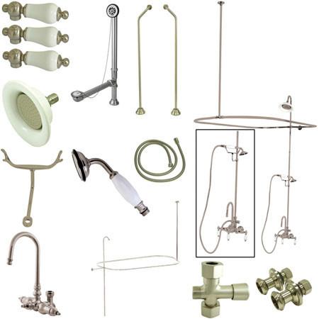 Kingston Brass Vintage High Rise Gooseneck Clawfoot Tub and Shower with Porcelain Lever Handles, Satin Nickel Clawfoot Tub Set Kingston Brass 