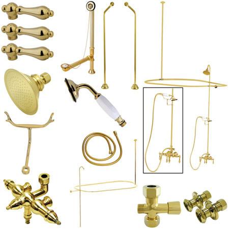 Kingston Brass Vintage Wall Mount Down Spout Clawfoot Tub and Shower with Metal Lever Handles, Polished Brass Clawfoot Tub Set Kingston Brass 