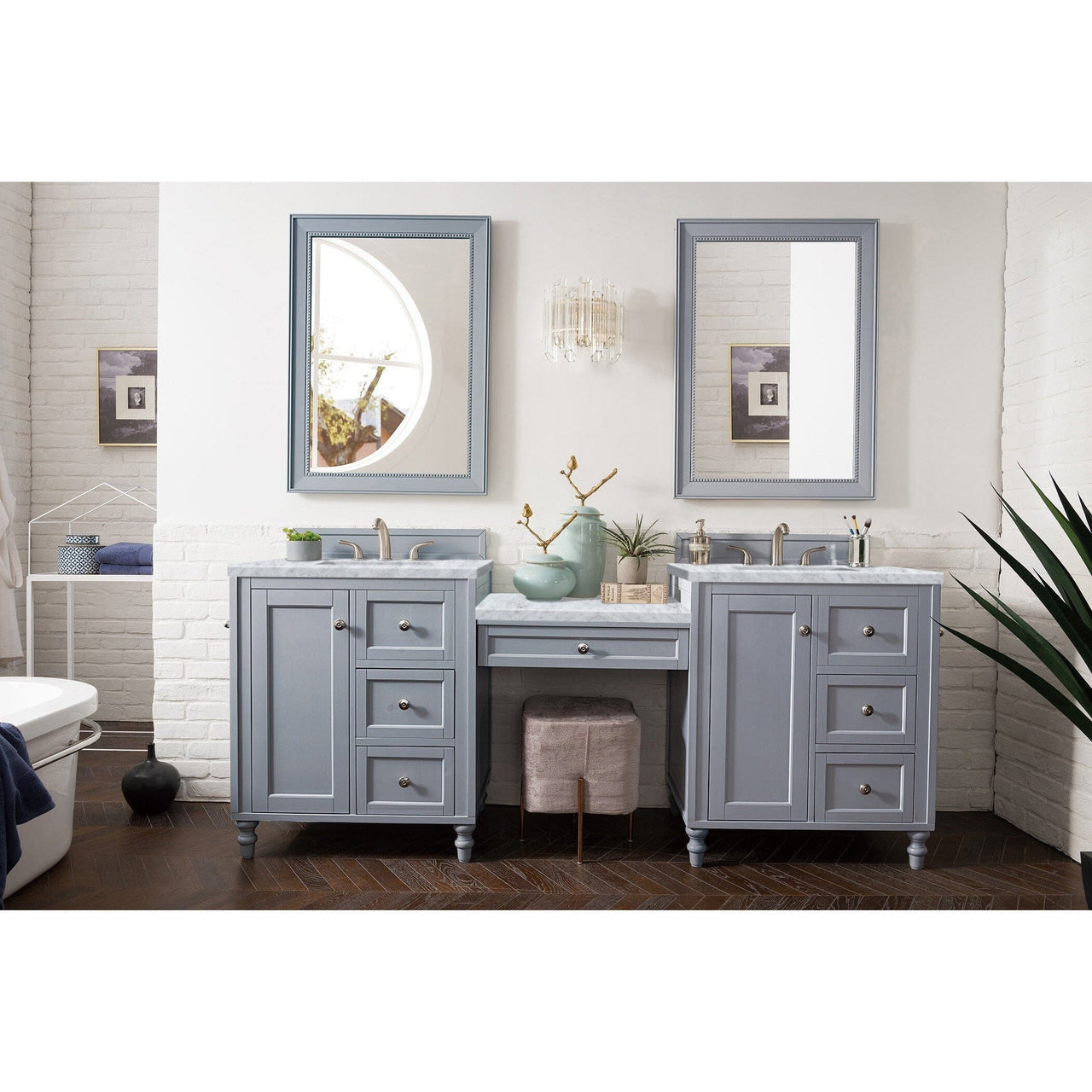 James Martin Copper Cove Encore 86" Double Vanity Set Vanity James Martin Silver Gray w/ 3 CM Carrara Marble Top 