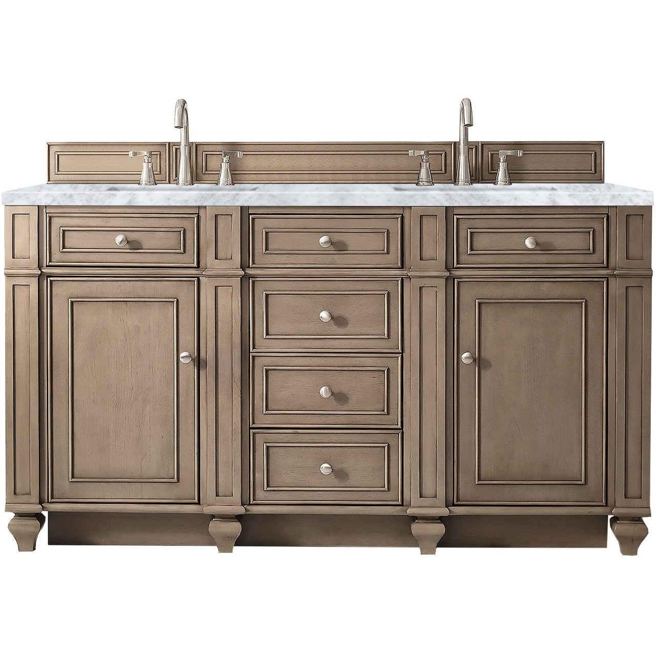 James Martin Bristol 60" Double Vanity Vanity James Martin Whitewashed Walnut w/ 3 CM Carrara Marble Top 
