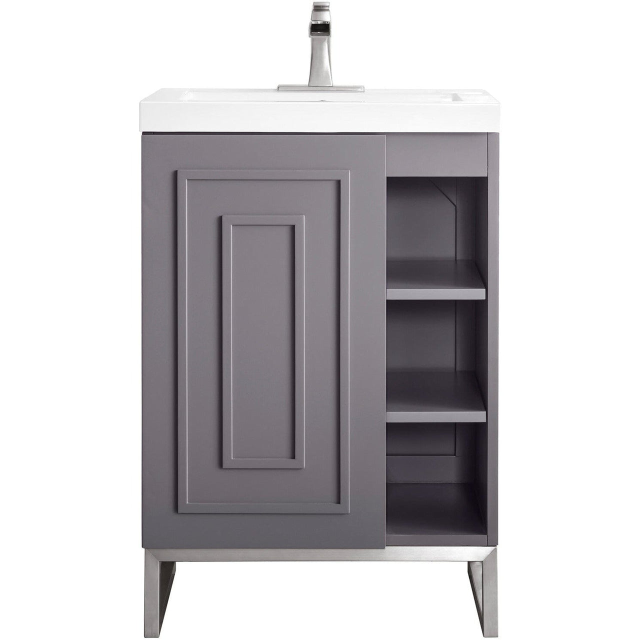 James Martin Alicante' 24" Single Vanity Cabinet Vanity James Martin Grey Smoke-Brushed Nickel w/ White Glossy Composite Countertop 
