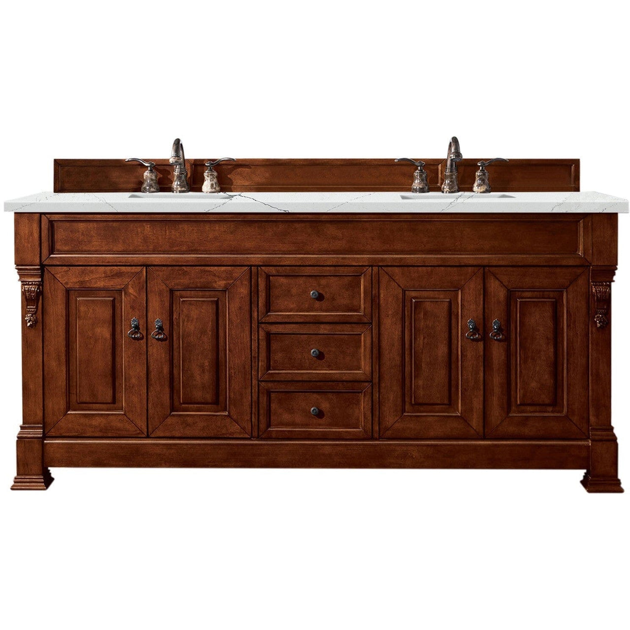 James Martin Brookfield 72" Double Vanity Vanities James Martin Warm Cherry w/ 3 CM Ethereal Noctis Quartz Top 