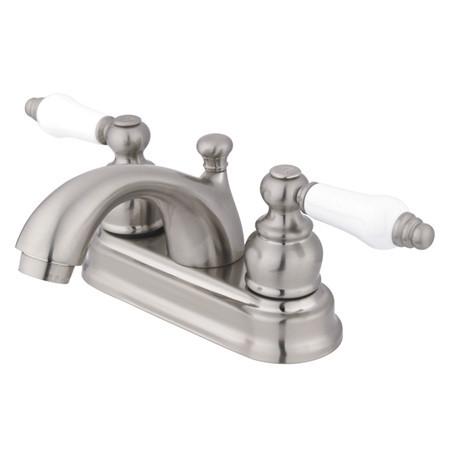 Kingston Brass Vintage Centerset Lavatory Faucet with Porcelain Lever Handles and Retail Pop-Up, Satin Nickel Bathroom Faucet Kingston Brass 