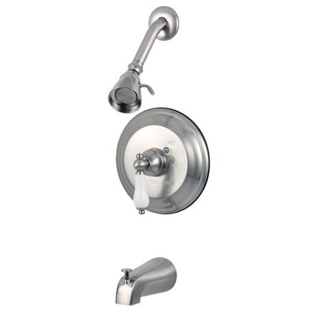 Kingston Brass GKB3638PL Water Saving Restoration Tub and Shower Faucet with Porcelain Lever Handles, Satin Nickel Tub Shower Sets Kingston Brass 