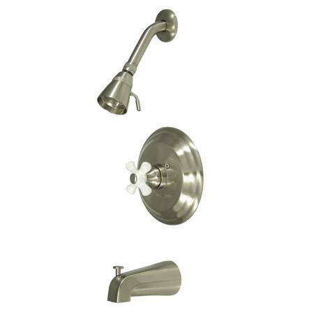 Kingston Brass Restoration Tub and Shower Faucet with Porcelain Cross Handles, Satin Nickel Tub Shower Sets Kingston Brass 