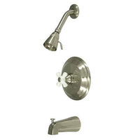 Thumbnail for Kingston Brass Restoration Tub and Shower Faucet with Porcelain Cross Handles, Satin Nickel Tub Shower Sets Kingston Brass 
