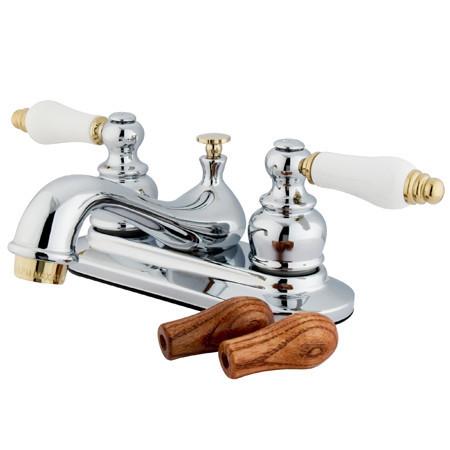 Kingston Brass GKB604B Water Saving Restoration Lavatory Faucet with Ceramic & Oak Handles, Chrome with Polished Brass Trim Bathroom Faucet Kingston Brass 