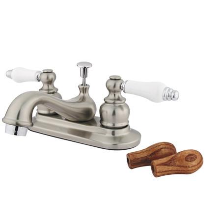 Kingston Brass GKB607B Water Saving Restoration Centerset Lavatory Faucet with Ceramic & Oak Handles, Satin Nickel Bathroom Faucet Kingston Brass 