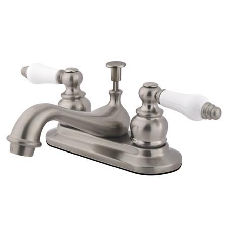 Kingston Brass GKB608B Water Saving Restoration Centerset Lavatory Faucet with Ceramic & Oak Handles, Satin Nickel Bathroom Faucet Kingston Brass 