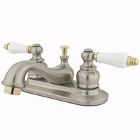 Thumbnail for Kingston Brass GKB609B Water Saving Restoration Centerset Lavatory Faucet with Ceramic & Oak Handles, Satin Nickel with Polished Brass Trim Bathroom Faucet Kingston Brass 