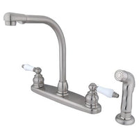 Thumbnail for Kingston Brass Victorian High Arch with Oak & Porcelain Lever Handles and Sprayer, Satin Nickel Kitchen Faucet Kingston Brass 
