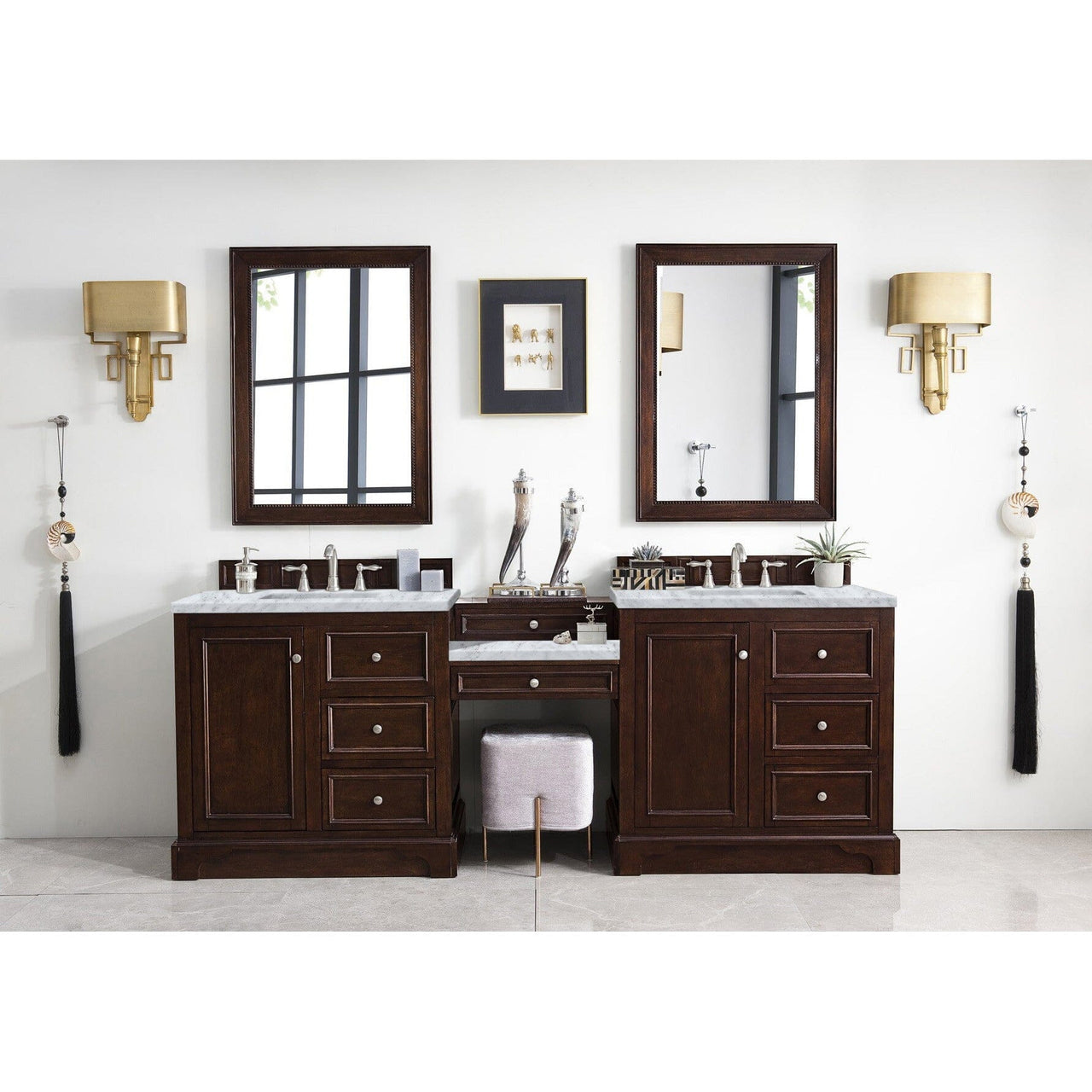 James Martin De Soto 94" Double Vanity Set Vanity James Martin Burnished Mahogany w/ 3 CM Carrara Marble Top 