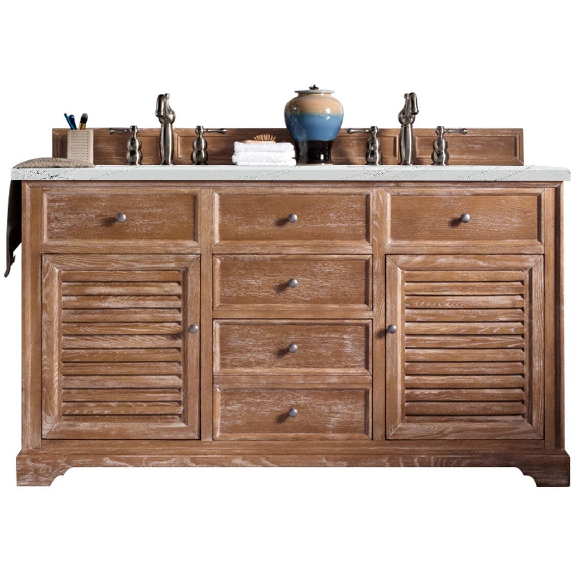 James Martin Savannah 60" Double Vanity Vanity James Martin Driftwood w/ 3 CM Ethereal Noctis Quartz Top 