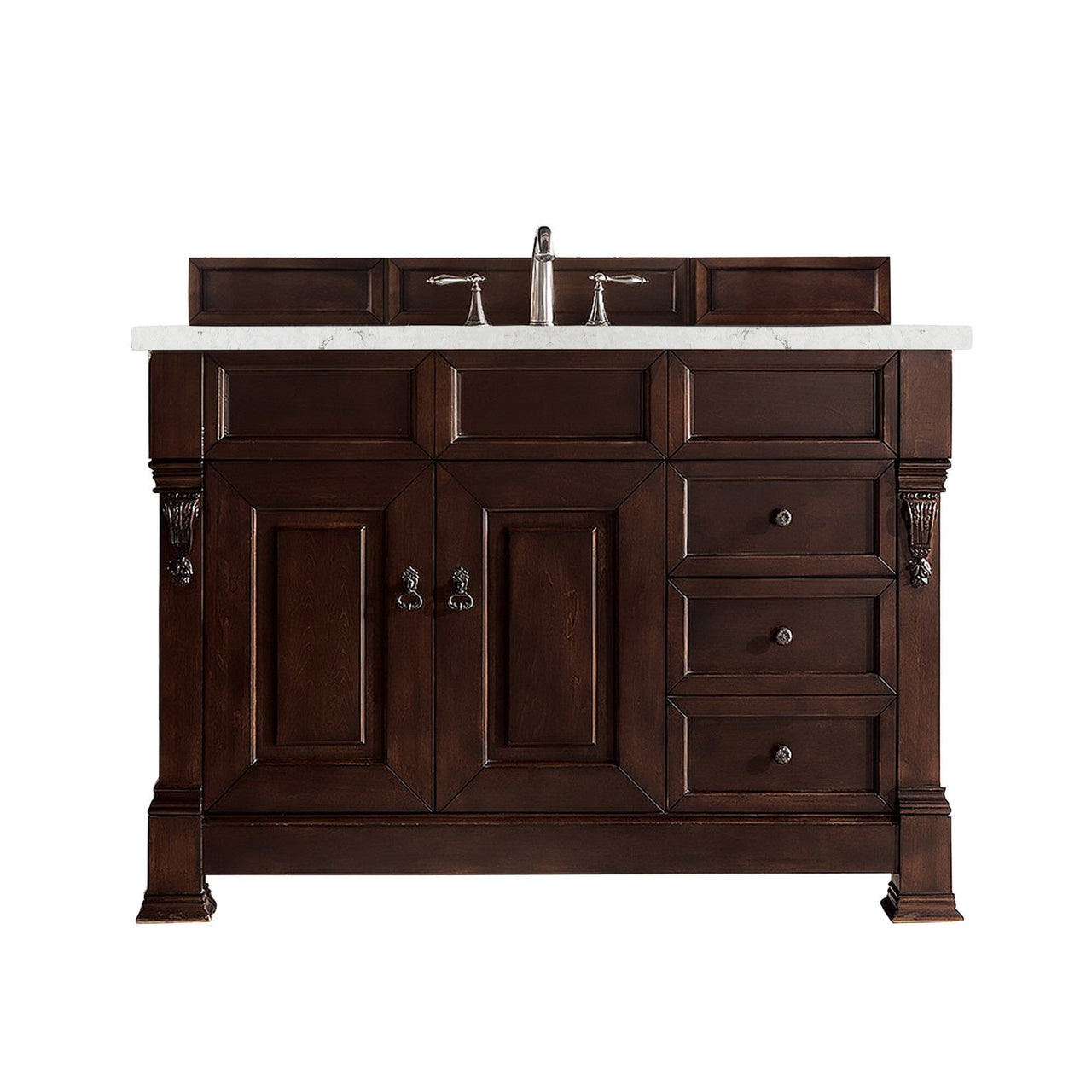 James Martin Brookfield 48" Single Vanity Vanities James Martin Burnished Mahogany w/ 3 CM Eternal Jasmine Pearl Quartz Top 