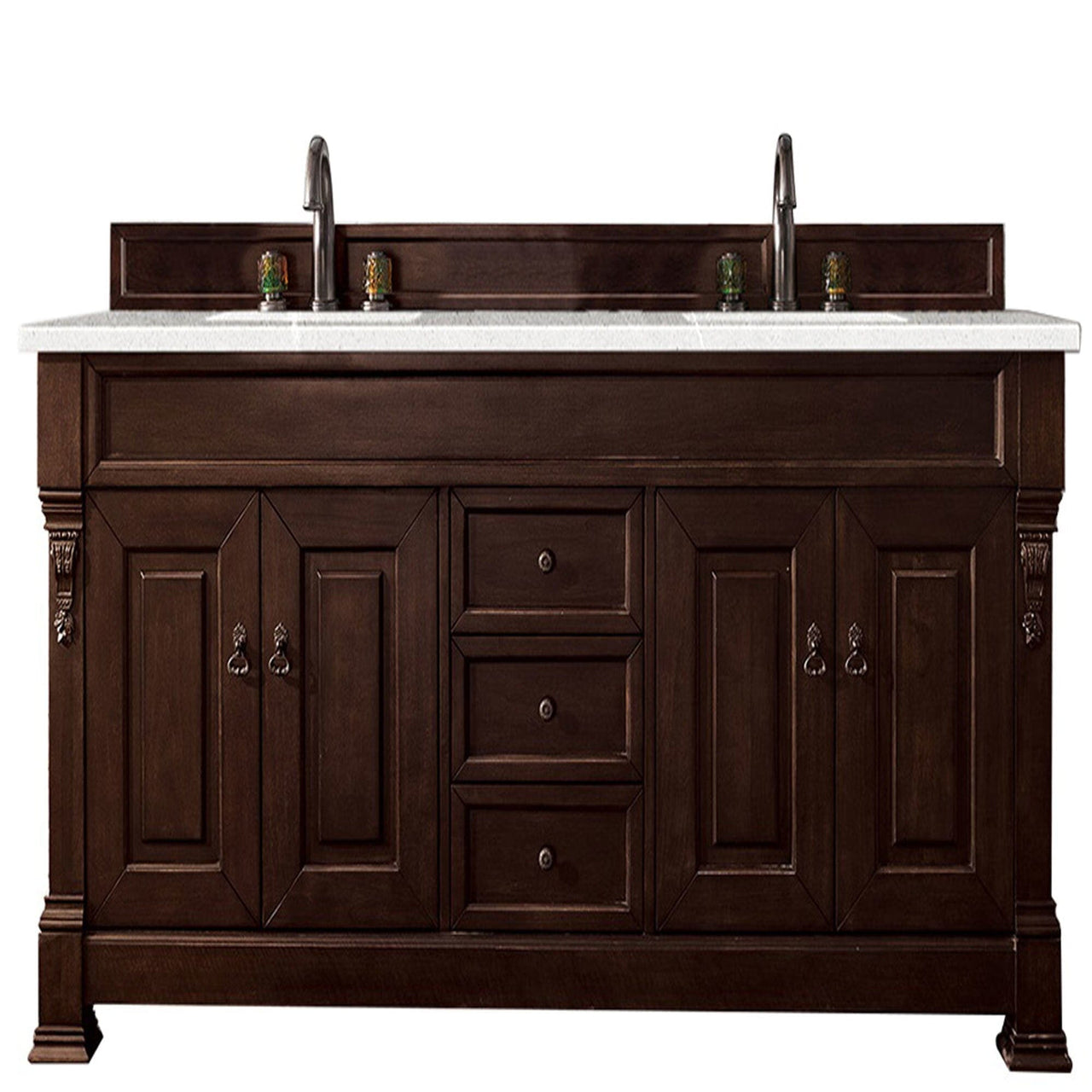 James Martin Brookfield 72" Double Vanity Vanities James Martin Burnished Mahogany w/ 3 CM Eternal Serena Quartz Top 