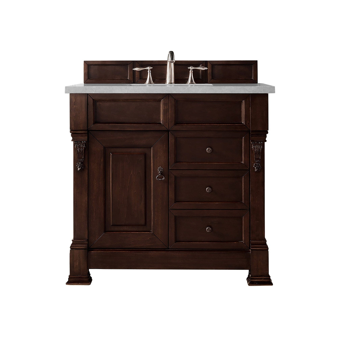James Martin Brookfield 36" Single Vanity Vanities James Martin Burnished Mahogany w/ 3 CM Eternal Serena Quartz Top 