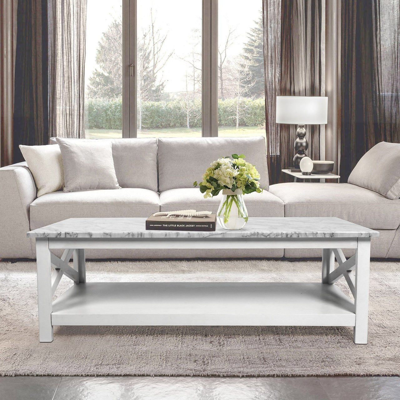 Agatha 44" Rectangular Italian Carrara White Marble Coffee Table with Color Solid Wood Legs Writing Desk The Bianco Collection 