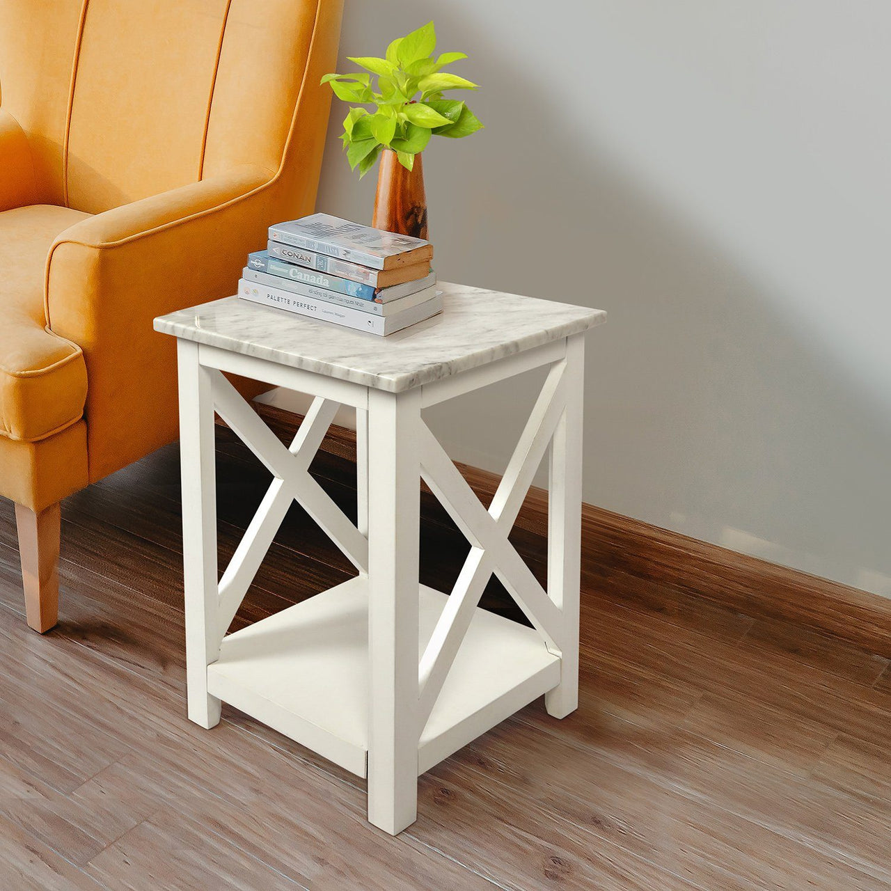 Agatha 15" Square Italian Carrara White Marble Side Table with Color Solid Wood Legs Writing Desk The Bianco Collection 
