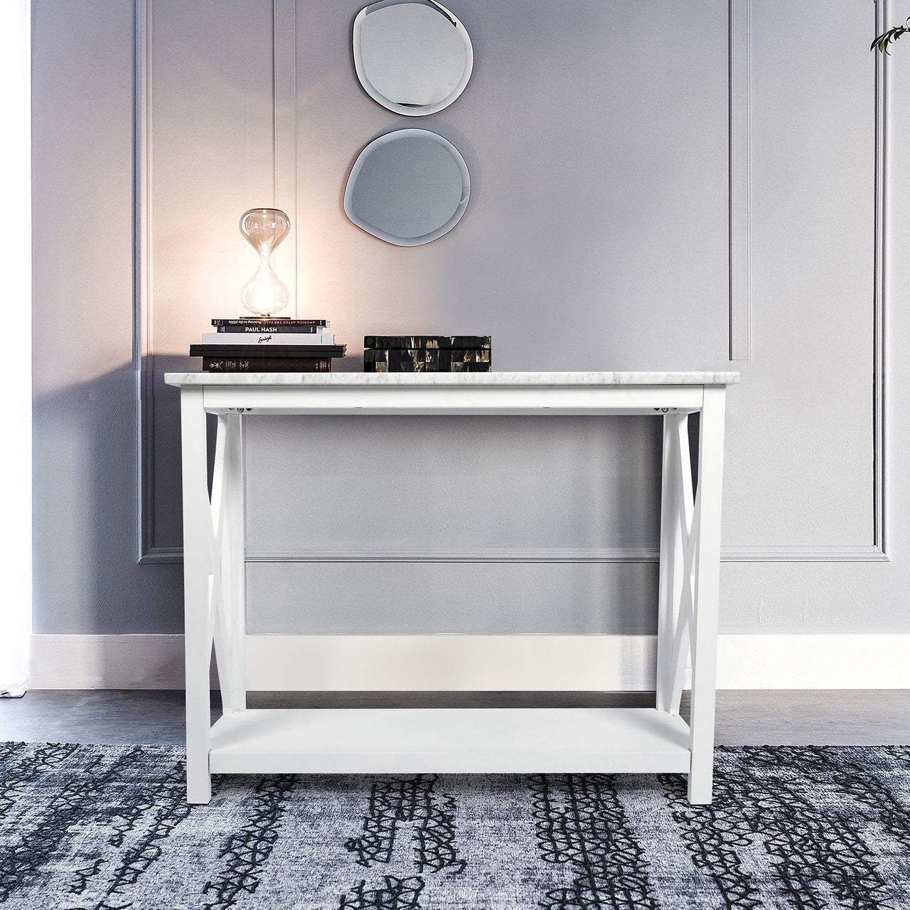 Agatha 39" Rectangular Italian Carrara White Marble Console Table with Color Solid Wood Legs Writing Desk The Bianco Collection 