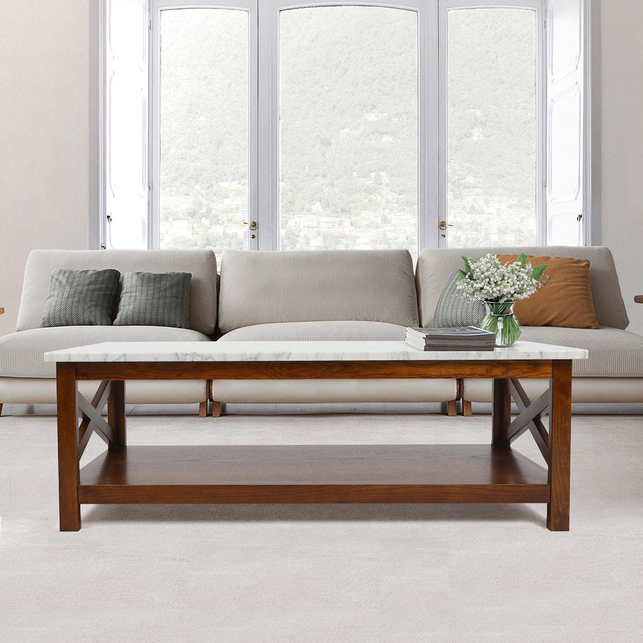 Agatha 44" Rectangular Italian Carrara White Marble Coffee Table with Color Solid Wood Legs Writing Desk The Bianco Collection 