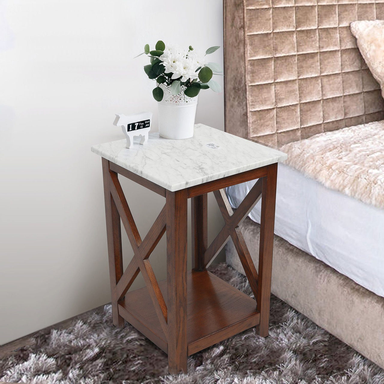Agatha 15" Square Italian Carrara White Marble Side Table with Color Solid Wood Legs Writing Desk The Bianco Collection 