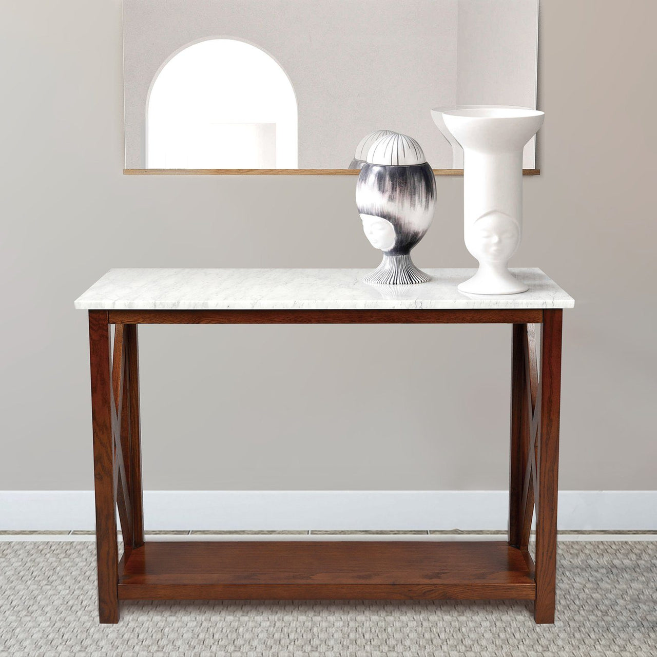 Agatha 39" Rectangular Italian Carrara White Marble Console Table with Color Solid Wood Legs Writing Desk The Bianco Collection 