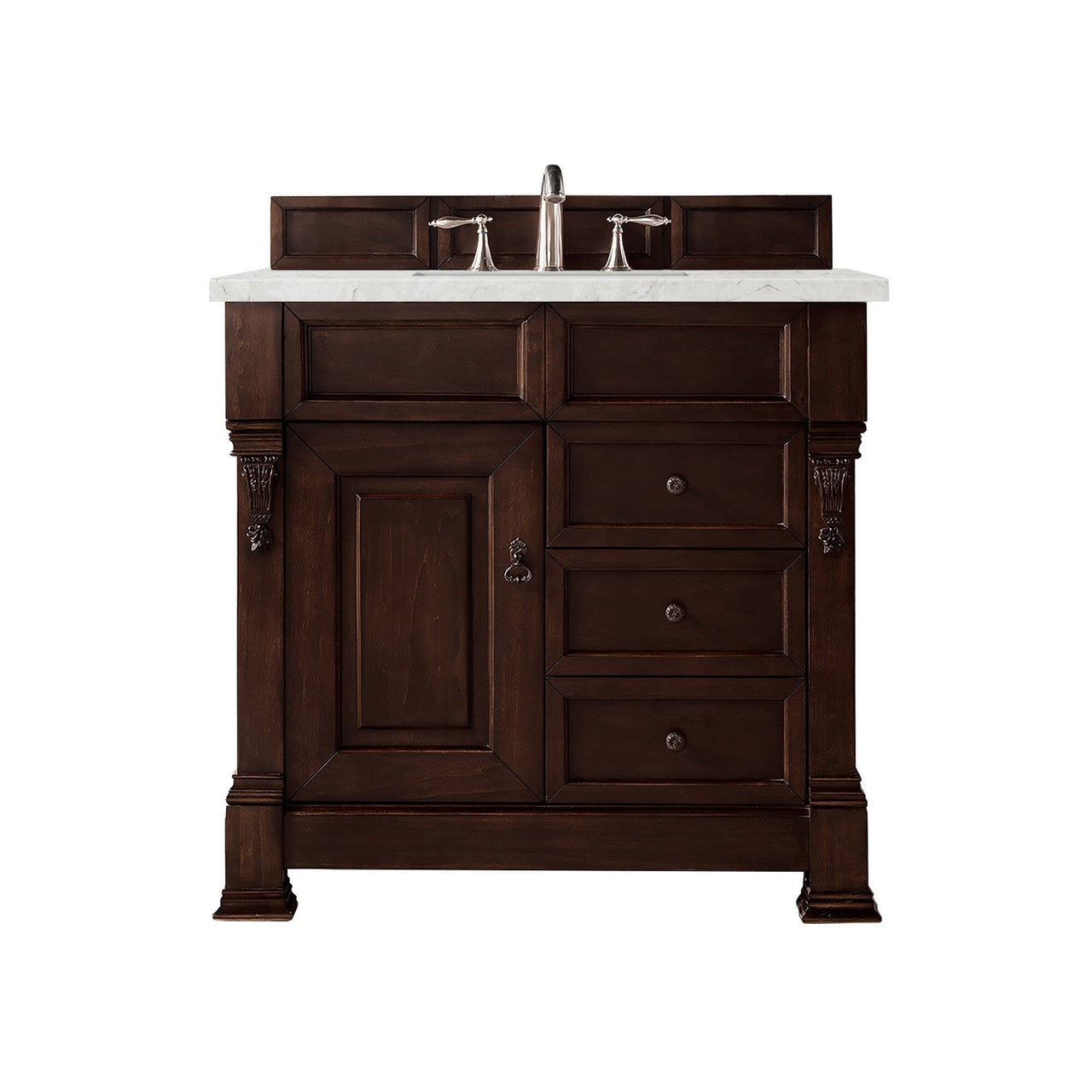 James Martin Brookfield 36" Single Vanity Vanities James Martin Burnished Mahogany w/ 3 CM Eternal Jasmine Pearl Quartz Top 