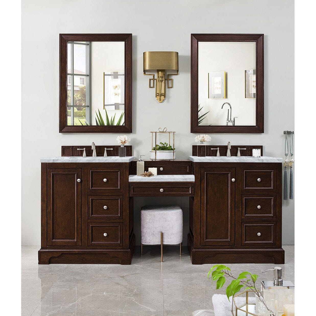 James Martin De Soto 82" Double Vanity Set Vanity James Martin Burnished Mahogany w/ 3 CM Carrara Marble Top 