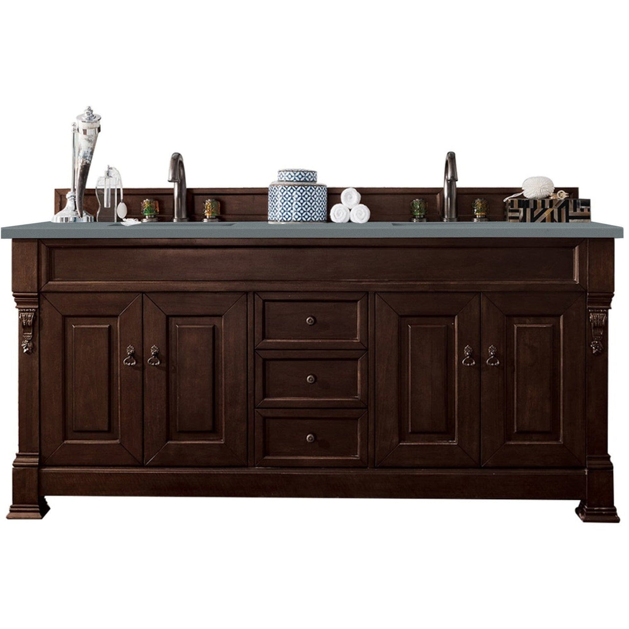 James Martin Brookfield 72" Double Vanity Vanities James Martin Burnished Mahogany w/ 3 CM Cala Blue Quartz Top 