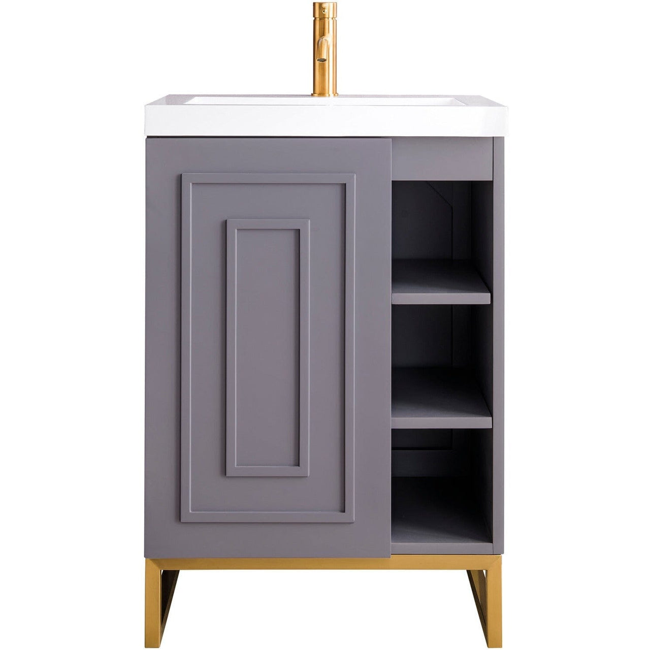 James Martin Alicante' 24" Single Vanity Cabinet Vanity James Martin Grey Smoke-Radiant Gold w/ White Glossy Composite Countertop 